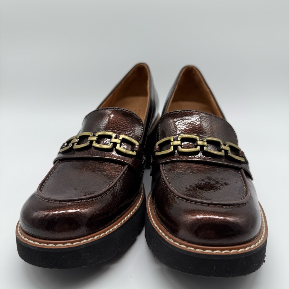 Naturalizer Women's Shiny Brown Loafers with Gold Accent and chunky heel - Picture 2 of 9